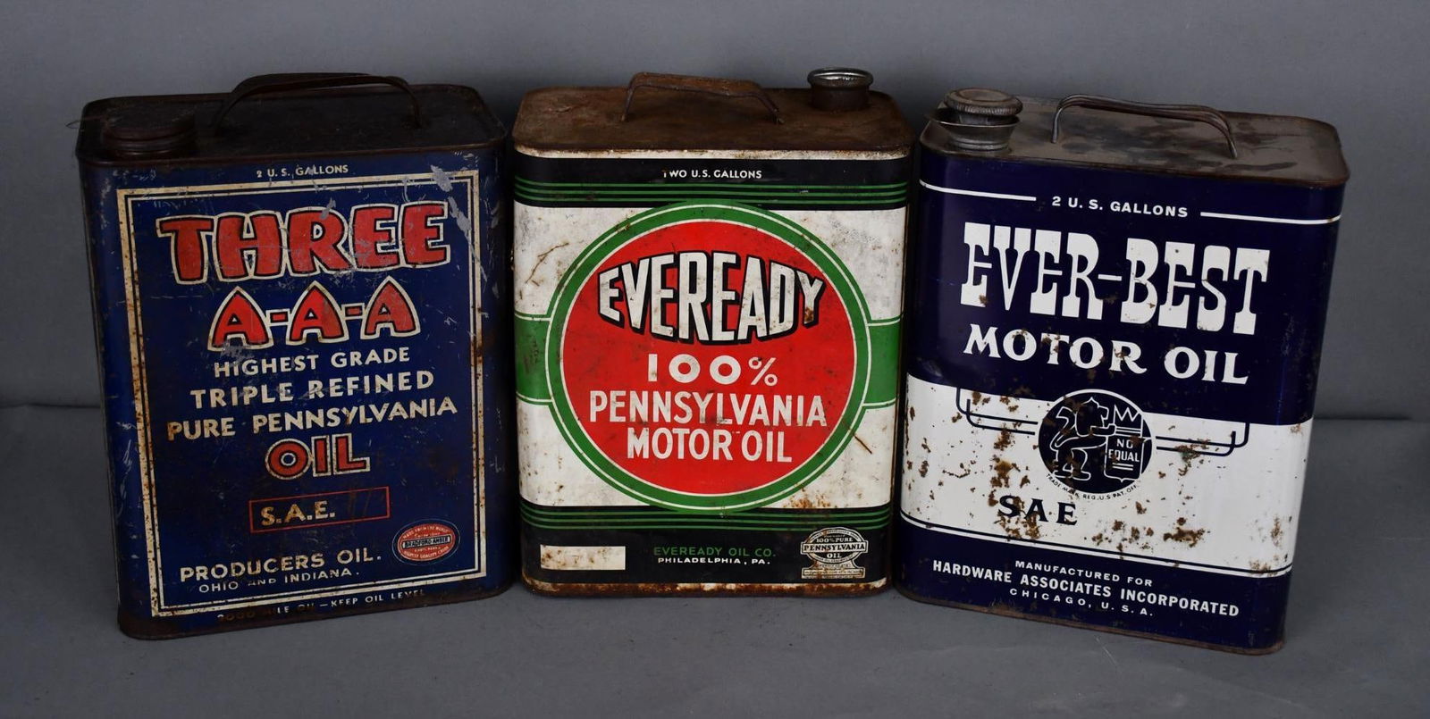 3-Two-Gallon Metal Motor Oil Cans Eveready, Three A-A-A & Ever-Best (1 of 3)
