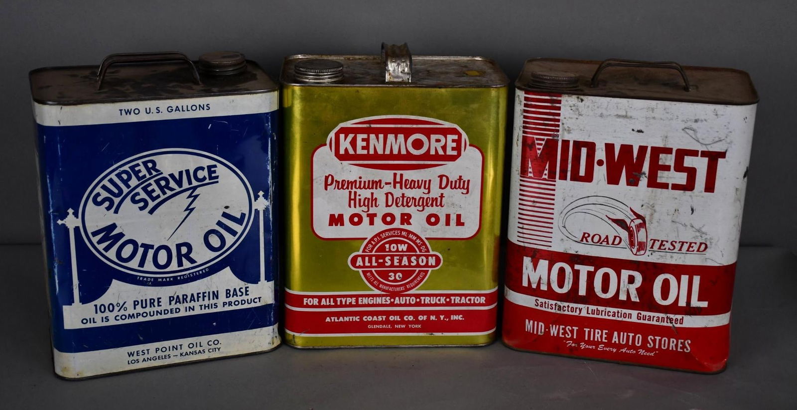 3-Two-Gallon Metal Motor Oil Cans Super Service, Kenmore & Mid-West (1 of 2)