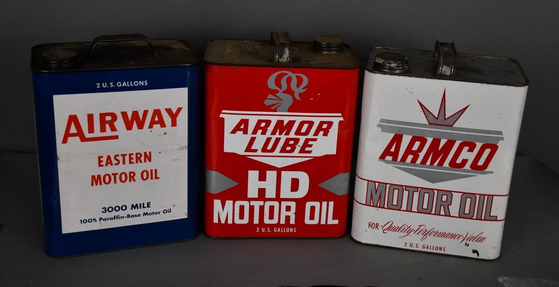 3-Two-Gallon Metal Motor Oil Cans, Airway, Armor Lube & Armco (1 of 3)