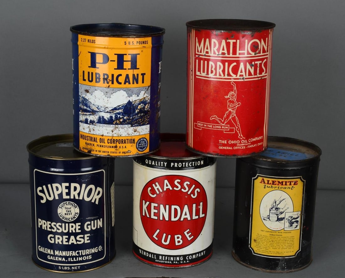 5-Five Pound Round Metal Grease Cans Marathon, Kendall, Alemite, P-H & Other (1 of 5)