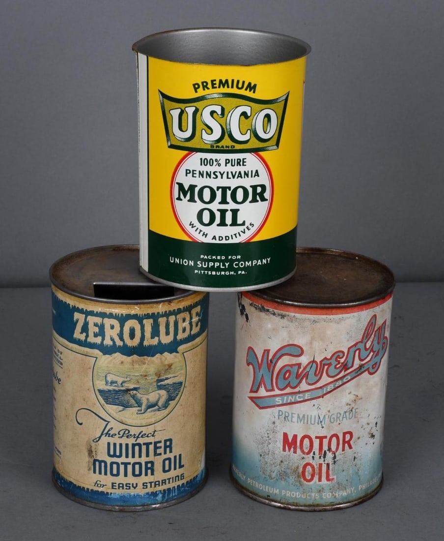 3one Quart Round Metal Motor Oil Cans Usco, Zerolube & Waverly Auction