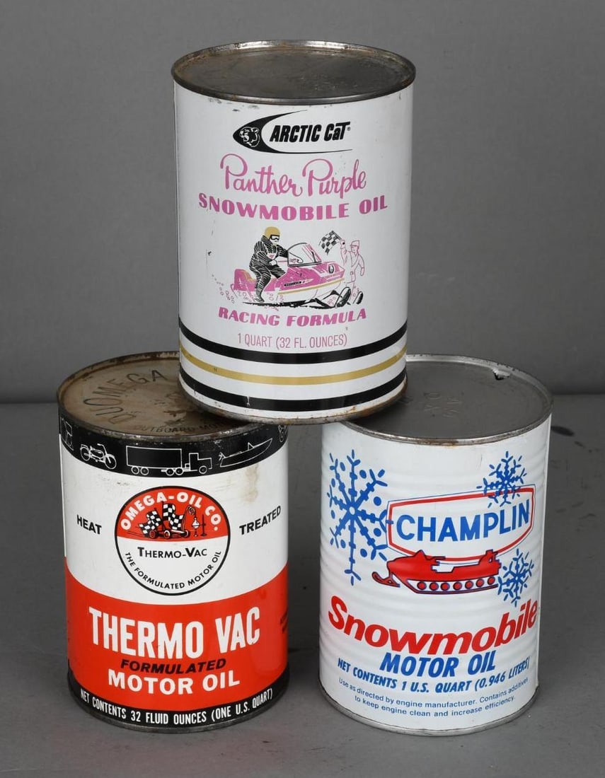 3-One Quart Round Metal Motor Oil Cans Arctic Cat, Champlin & Thermo Vac (1 of 4)
