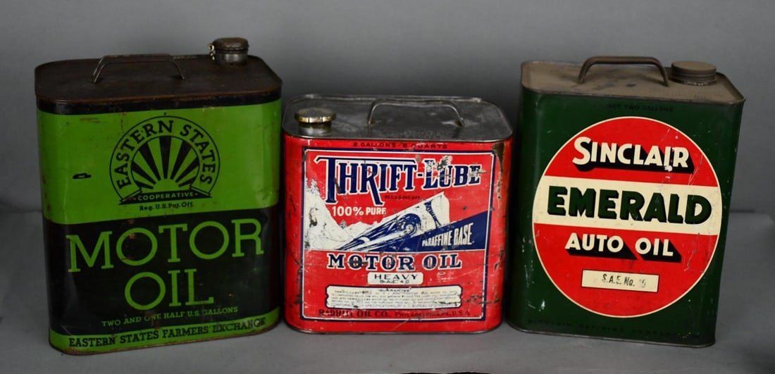 3-Two-Gallon Metal Motor Oil Cans Eastern States, Sinclair & Thrift Lube (1 of 3)