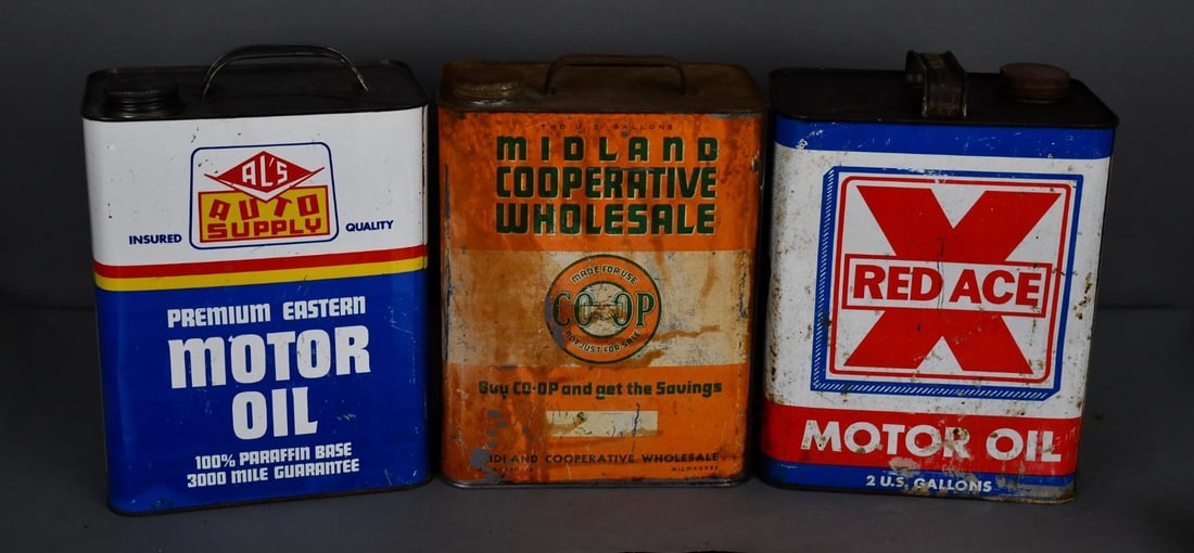 3-Two-Gallon Metal Motor Oil Cans Red Ace, Al's & Midland: rated 6 to 8, the two-gallon rectangle metal can, all have some wear and dings, all are empty.