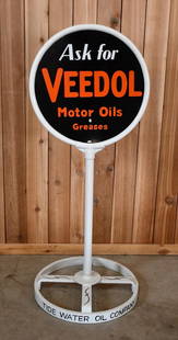 Ask for Veedol Motor Oils Grease Porcelain Curb Sign with Stand (TAC): rated 9.25, 23"D., the DSP sign has excellent color and gloss, nice sign, the ring, pole and strap base has been professionally restored. TAC #018999