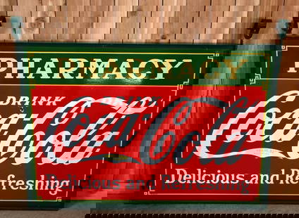 Drink Coca-Cola Pharmacy Porcelain Sign (TAC): rated 8.75, 42"x60", the DSP sign has excellent color and gloss, both sides have a few small chips, marked Tenn. Enamel, dated 1933. TAC #044417