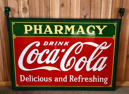 Drink Coca-Cola Pharmacy Porcelain Sign (TAC): rated 8.75, 42"x60", the DSP sign has excellent color and gloss, both sides have a few small chips, marked Tenn. Enamel, dated 1933. TAC #044417