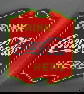Drink Coca-Cola Here Porcelain Flange Sign (TAC): rated 9+, 19.75"x17", the diecut porcelain flange sign has excellent color and gloss, field and edges are clean, has a few small chips and crease at the top, on the flange, marked Vilas, dated 1939. T
