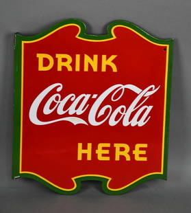 Drink Coca-Cola Here Porcelain Flange Sign (TAC): rated 9+, 19.75"x17", the diecut porcelain flange sign has excellent color and gloss, field and edges are clean, has a few small chips and crease at the top, on the flange, marked Vilas, dated 1939.