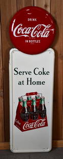 Drink Coca-Cola Button & Six Pack Pilaster Metal Sign (TAC): both rated 8.9, both have excellent color and shine, the pilaster has wear near the bottom edge, marked A-M, dated 1947. TAC #044473