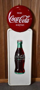 Drink Coca-Cola Button & Bottle Pilaster Metal Sign (TAC): button rated 9+, pilaster rated 8.5, 54"x16", the button has excellent color and shine, marked A-M, pilaster has good color and shine, but has roughness in the lower field, marked A-M, dated 1948. TAC