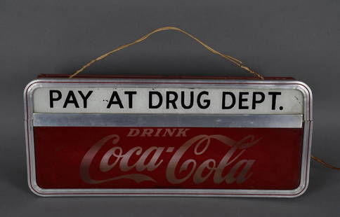 Drink Coca-Cola "Pay at Drug Dept." Lighted Sign: rated 8, 8.5"x14.5"x4", the lighted sign has bottom panel is rippled glass front, the top is sign shop painted panel, does not work, metal light box light wear and original decals.