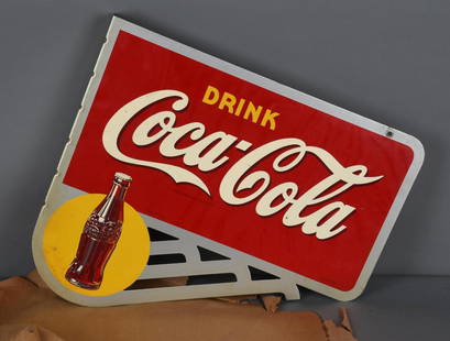 Drink Coca-Cola w/Bottle in Yellow Spot Metal Flange Sign (TAC): rated 8.75, 20.5"x24", the diecut metal sign has good color and shine, has roughness in the paint from the factory, marked A.A.W.. TAC #044481