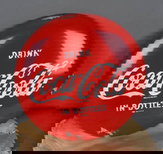 Drink Coca-Cola In Bottles Metal Button Sign (TAC): rated 9.5, 12"D., the SST button sign has excellent color and shine, still has original packing paper on it, marked AM. TAC #044475