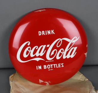 Drink Coca-Cola In Bottles Metal Button Sign (TAC): rated 9.5, 12"D., the SST button sign has excellent color and shine, still has original packing paper on it, marked AM. TAC #044475