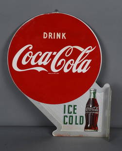 Drink Coca-Cola Ice Cold w/Bottle Metal Flange Sign (TAC): rated 8.5, 22.5"x18.5", the diecut metal flange sign has good color and shine, display field clean, has wear at top and bottom edges, reverse has more wear overall, marked A-M, dated 1953. TAC #044480