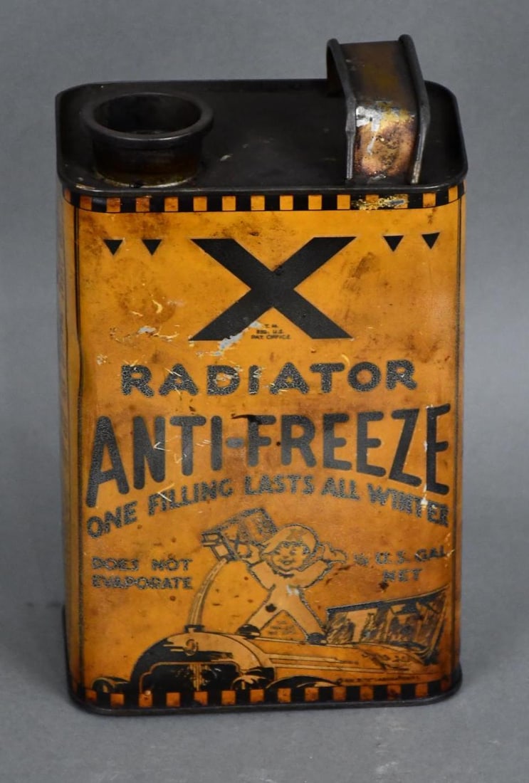 X Radiator Anti-Freeze Half-Gallon Metal Can: rated 6.9, the half-gallon metal can has wear and soiling, is empty.