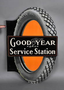 Goodyear Service Station Akron w/Logo Metal Flange Sign (TAC): rated 9 & 8.9, 27.25"x17.25", the diecut metal flange sign has excellent color and shine, display has light wear, reverse has a wear/scratch spot, this is the nicest example that I have seen, mark