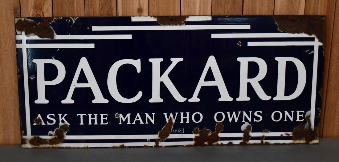 Packard "Ask the Man Who Owns One" Porcelain Sign (TAC): rated 6, 24"x55", the DSP sign has good color and gloss, has minor staining in the field, has extra holes and large chips around the perimeter, marked Walker & Co. Detroit. TAC #044089