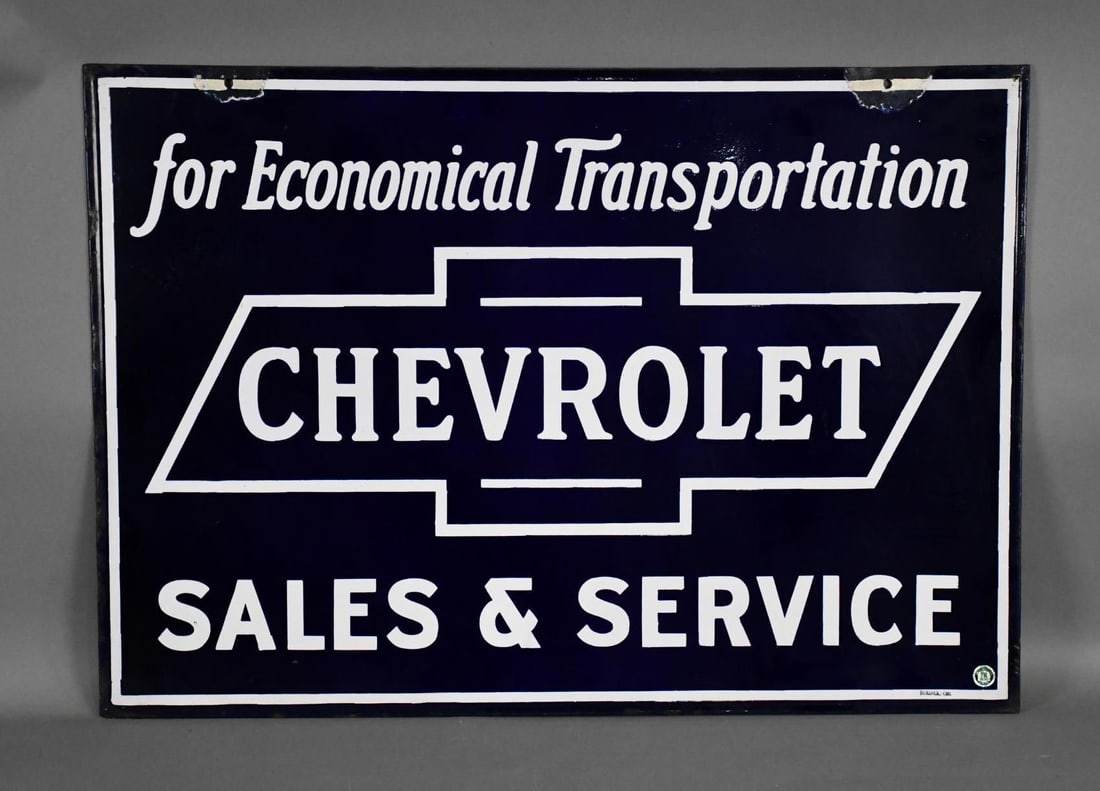 Chevrolet Sales & Service Economical Transportation Porcelain Sign (TAC): rated 9, 28"x40", the DSP sign has excellent color and gloss, both sides the fields are clean, has large touched up chips at the mounting holes, marked Burdick, Chi. TAC #044383