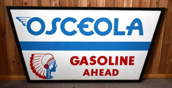 Osceola Gasoline Ahead w/Logo Metal Sign (TAC): rated 9, 48"x96", SST diecut wood frame sign has excellent color and shine, has a couple tiny factory flaws in the paint, marked MCA. TAC #044051