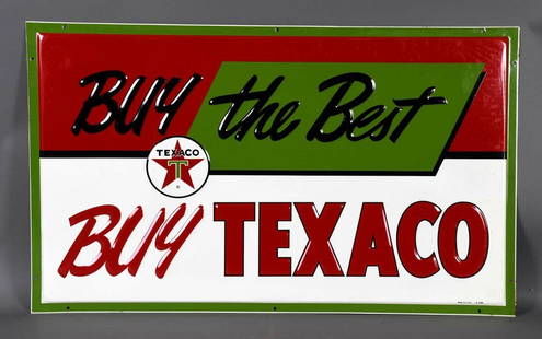 Buy the Best Buy Texaco w/White-T Logo Metal Sign (TAC): rated 9.25, 24"x40", the SST embossed is has excellent color and shine, field is clean, has tiny area of rust at the bottom right-hand corner, dated 1960. TAC #044421