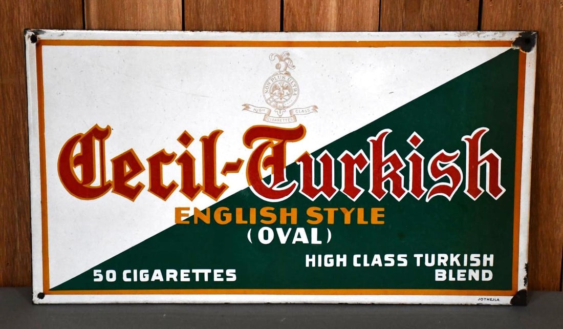 Cecil-Turkish English Style Cigarettes Porcelain Sign (TAC): rated 7.9, 16"x28.5", SSP rolled edge sign has wear, marked Jothejla. TAC #043944
