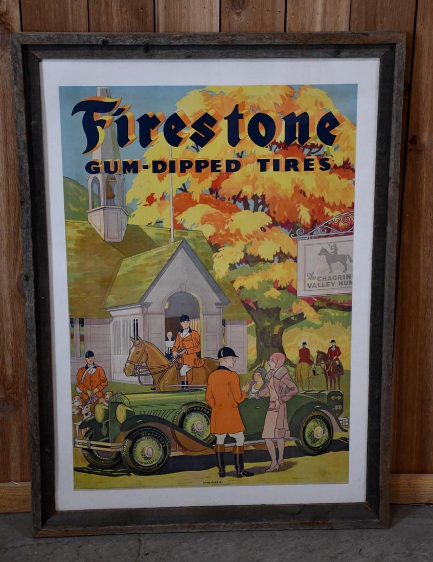 Firestone Gum-Dripped Tires w/1930's Auto & Fox Hunting Group Lithograph Framed (1 of 4)
