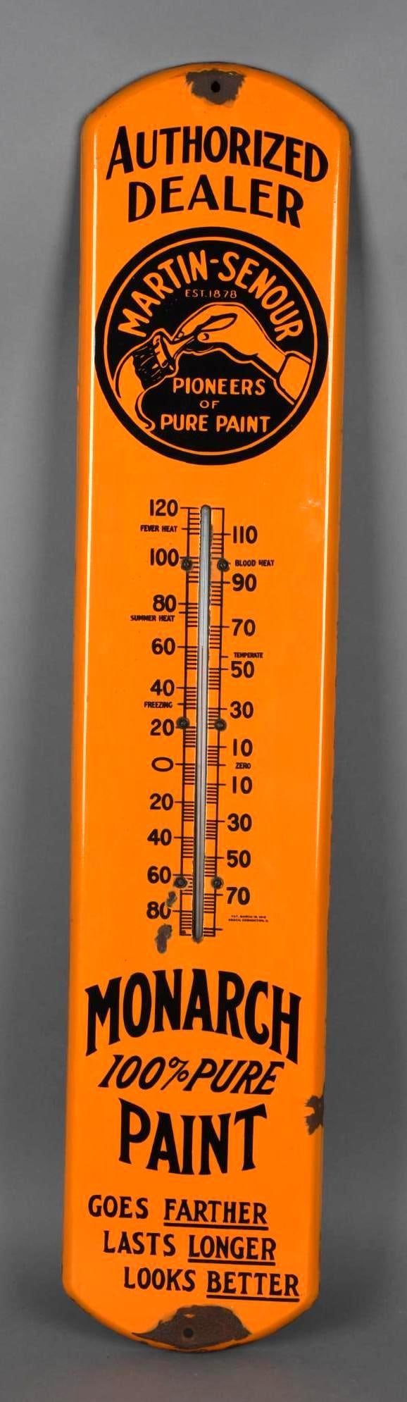 Martin-Senour Monarch Paint Authorized Dealer Porcelain Thermo (TAC): rated 8.5, 39"x8", the porcelain thermometer has very good color and gloss, tube is good, has small chips at base of the tube, chips at the mounting holes and at the edge. TAC #044385