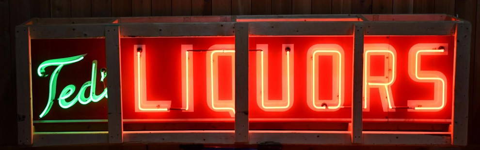 Ted's Liquors Porcelain Neon Sign (TAC): rated 9, 24"x114"x8", the two-piece SSP neon rolled edge sign, has good color and gloss, light wear. TAC #044541