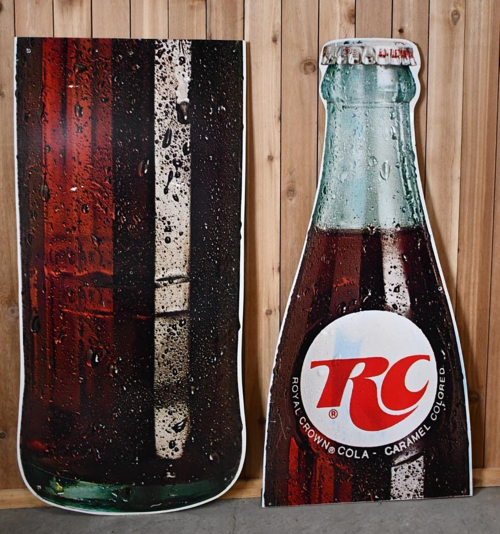 RC Royal Crown Cola w/Logo Metal Sign (large) (TAC): rated 8.75, 143"x34", the 2-SST bottle shaped wood backed sign has excellent color and shine, has a few fine scratches, marked Stout. TAC #044471