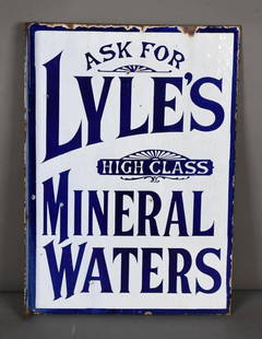 Ask For Lyle's High Class Mineral Water Porcelain Flange Sign (TAC): rated 8.75, 20"x14", the porcelain flange sign has excellent color and gloss, has tiny chips in the field and around the perimeter and flange. TAC #044323