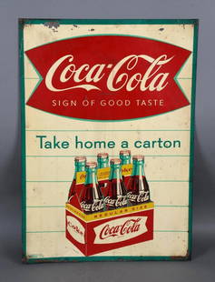 Coca-Cola Fish Tail Logo w/Six Pack Metal Sign (TAC): rated 7.5, 28"x20", the SST self-framed sign has good color, has wear and spots, white is yellowed, paint loss along the bottom edge, marked Robertson, dated 1959. TAC #044517