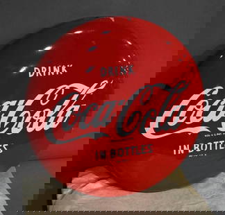 Drink Coca-Cola In Bottles Metal Button Sign (TAC): rated 9.5, 16"D., the SST button sign has excellent color and shine, still has packing paper on it, marked A-M. TAC #044474