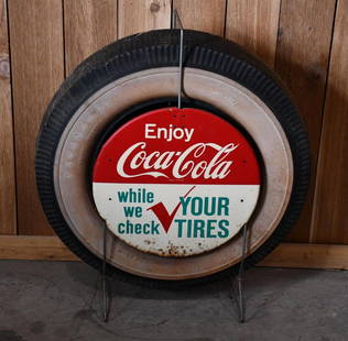 Enjoy Coca-Cola Metal Tire Stand w/Firestone Tire: rated 7, 33"x27" overall, both signs has wear and rust spots.