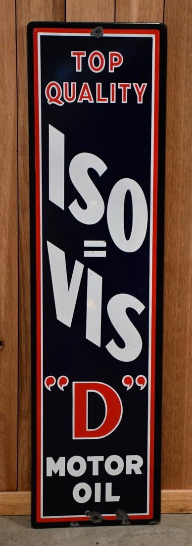 ISO=VIS "D" Motor Oil Porcelain Sign (TAC): rated 8.5, 60060"x15.75", the SSP vertical rolled edge sign has good color and gloss, has two touched up chips in the field and wear, chips at mounting holes. TAC #044411