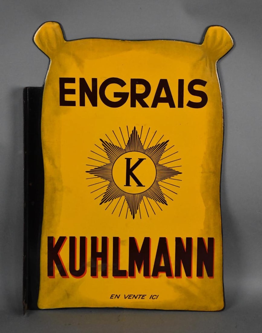 Engrais Kuhlman (fertilizer) Porcelain Flange Sign (TAC): rated 8.9, 23.5"x16.5", the diecut porcelain flange sign has very good color and gloss. TAC#043955
