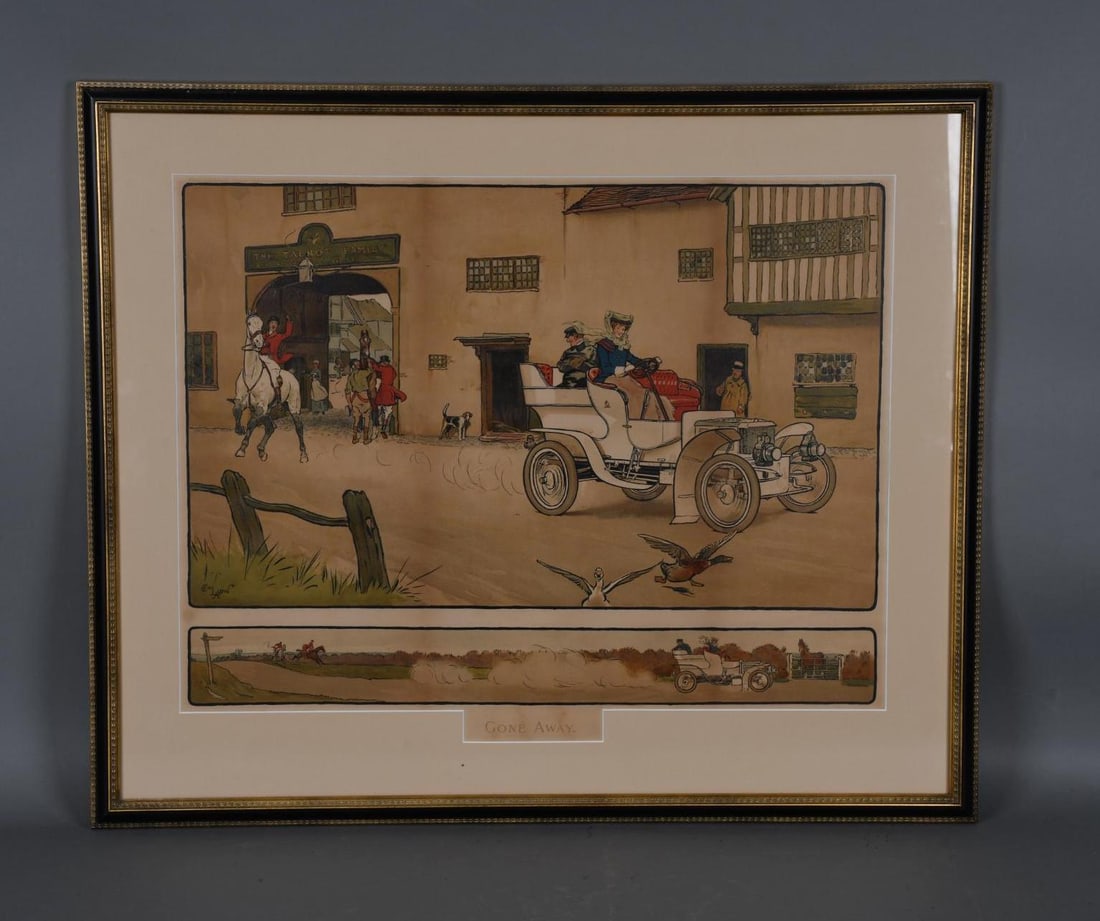 "Gone Away" Fox Hunt Lithograph Print w/Early Automobile Framed (1 of 4)