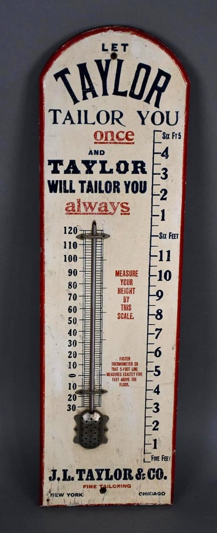 Let Taylor Tailor You Wood Thermometer (TAC): rated 8, 24"x7", the wood thermometer has good color, has light wear and minor paint loss at bottom edge, tube is good. TAC #044338