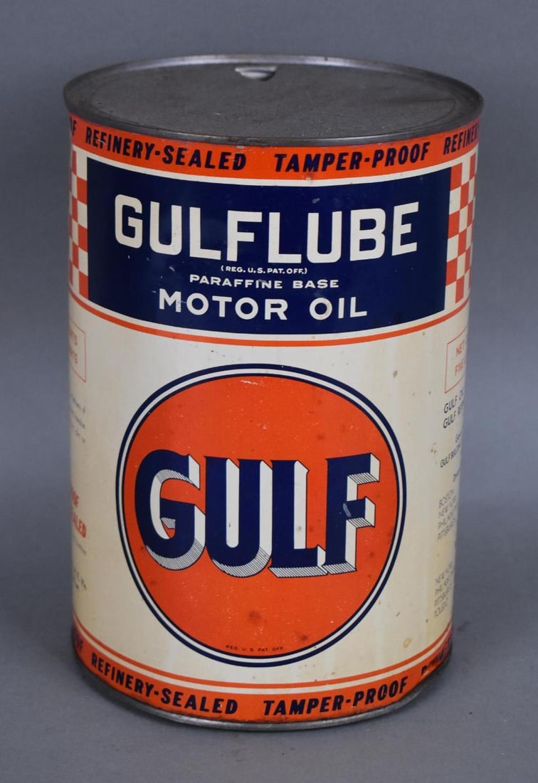 Gulf Gulflube Motor Oil Five Quart Round Metal Can (1 of 4)