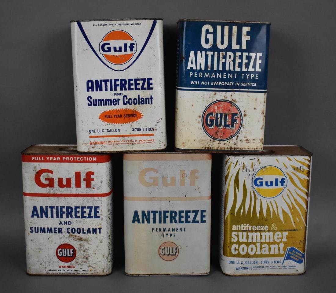 5-Different Gulf Anti-Freeze One Gallon Rectangle Metal Cans (1 of 5)
