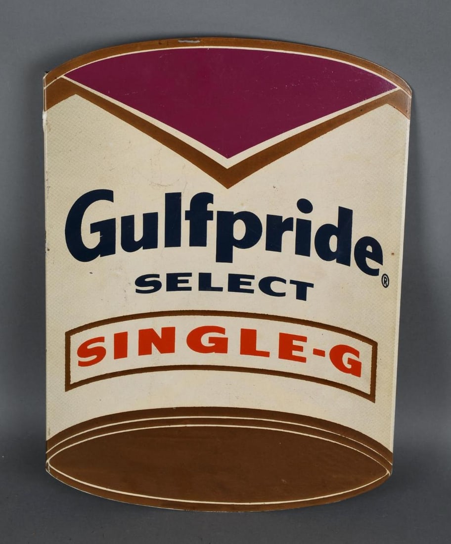 Gulfpride Select Single-G Metal Flange Sign: rated 8.75, 16.75"x12", the diecut metal flange sign, has light wear, reverse is different.
