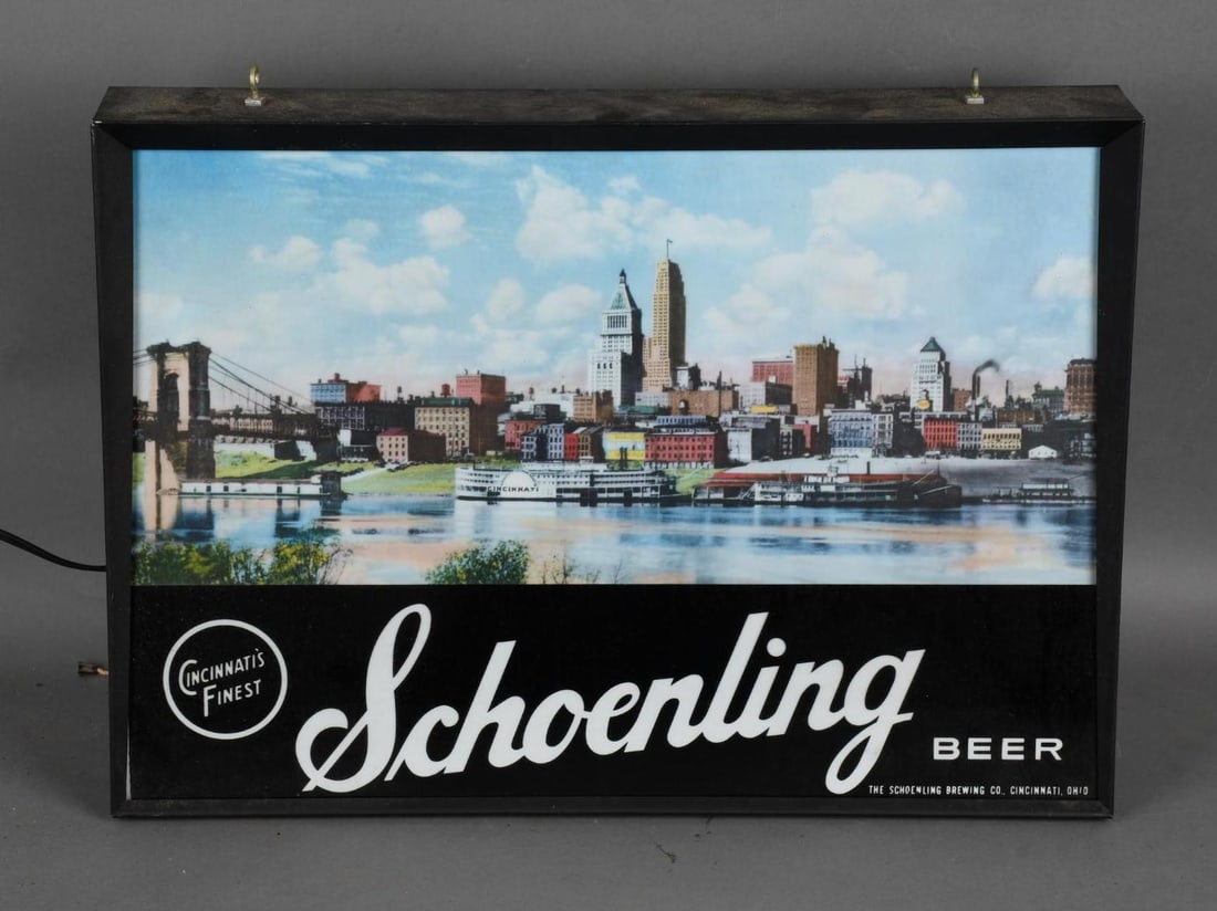 Schoenling Beer Cincinnati's Finest Lighted Sign: rated 9, 13"x19"x4", the front plastic panel is in excellent condition, lights up nicely.