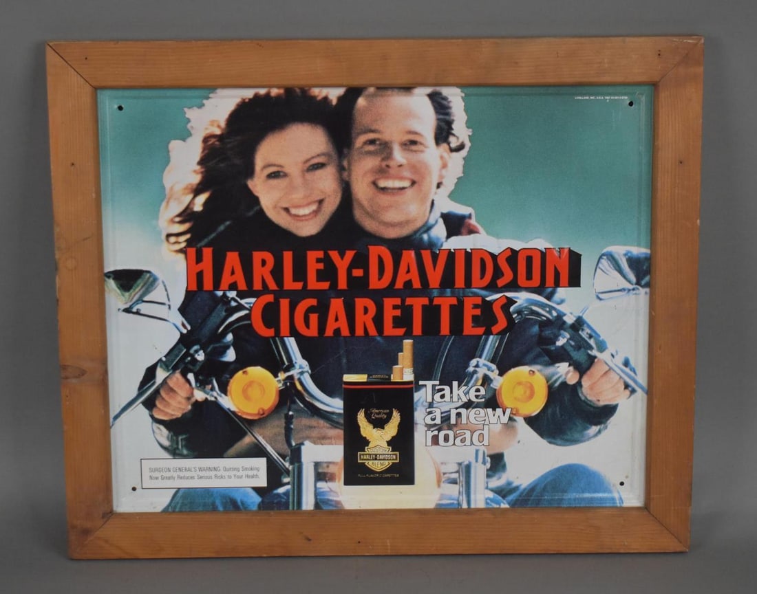Harley-Davidson Cigarettes Metal Sign: rated 8.5, 17"x22", the SST embossed sign has good color and shine, has light wear, has been framed.