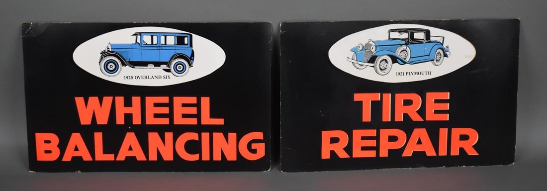 Wheel Balancing & Tire Repair w/Autos Cardboard signs: rated 8.5, 14"x22", the cardboard signs in good condition, age is unknown probably from the 1960's-1970's
