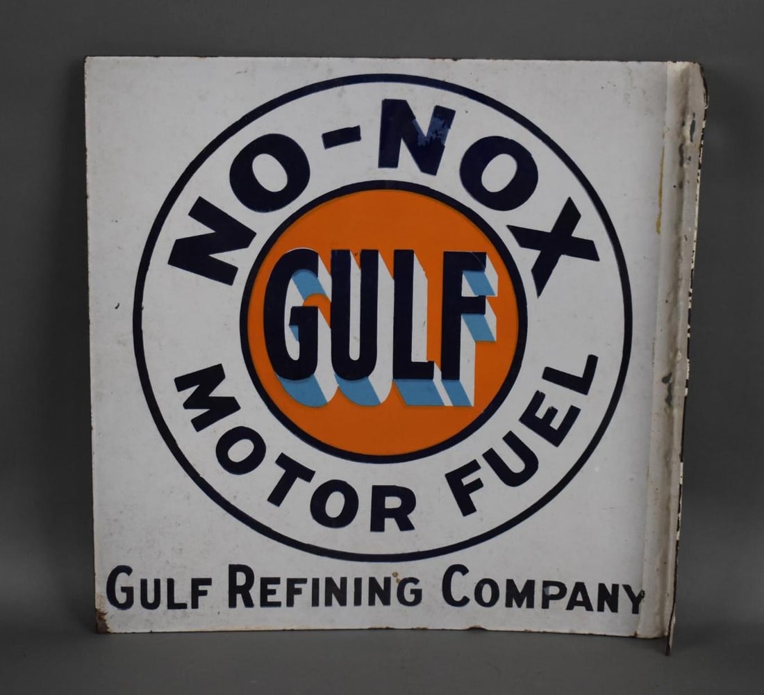 Gulf No-Nox Motor Fuel Porcelain Flange Sign (1 of 6)