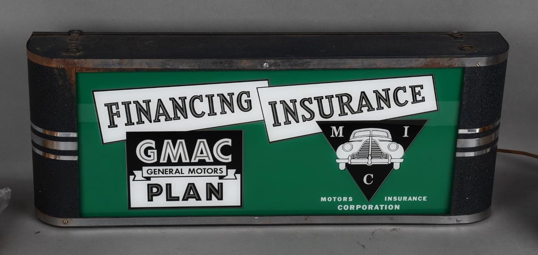 GMAC Financing Insurance Lighted Sign (new): 11"x27"x3", the glass insert is a reproduction, the metal light box is old, lights up and looks great.