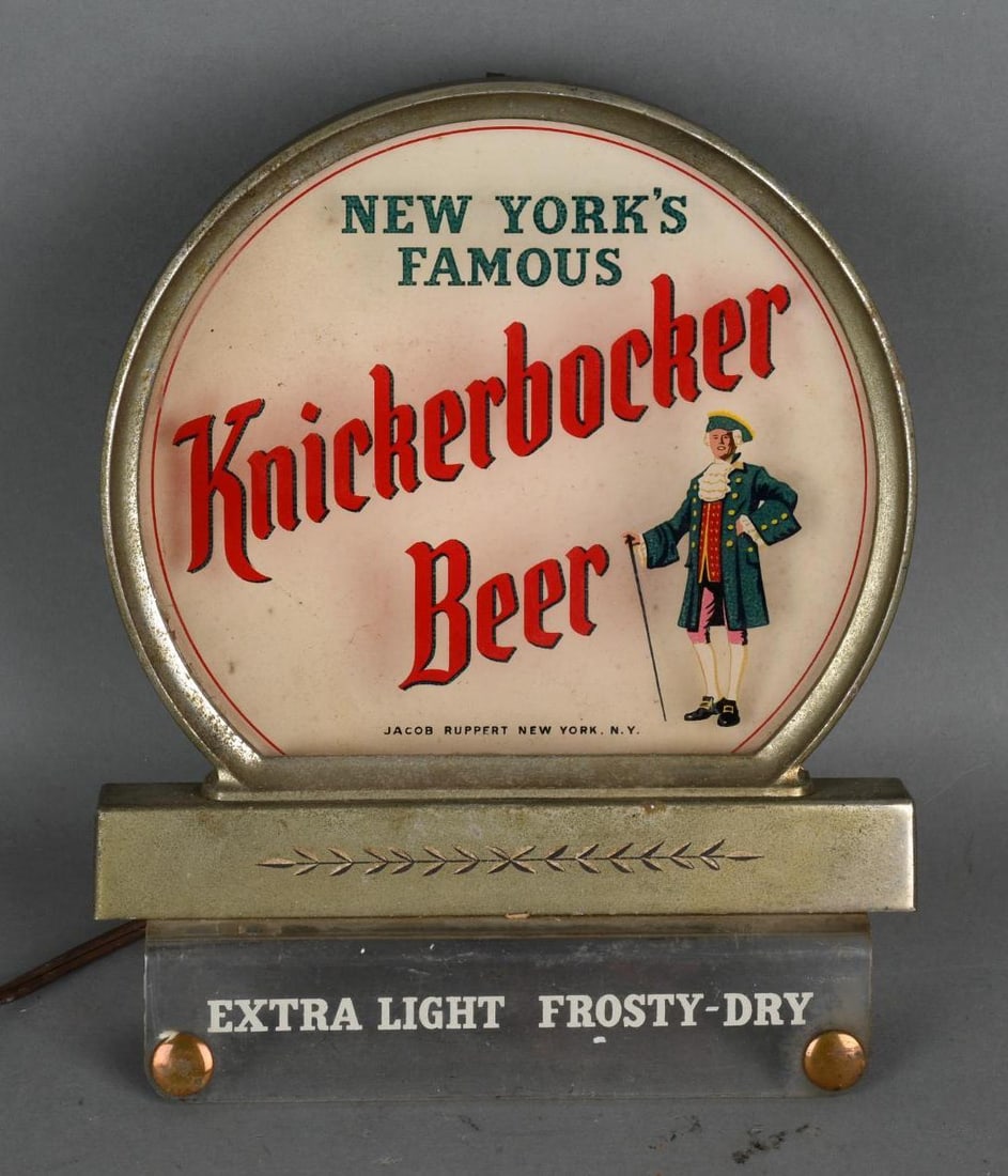 New York's Famous Knicherbocker Beer Lighted Cashier Register Topper: rated 7.5, 10"x8"x2", has wear, the light tries to start but does not come on fully.