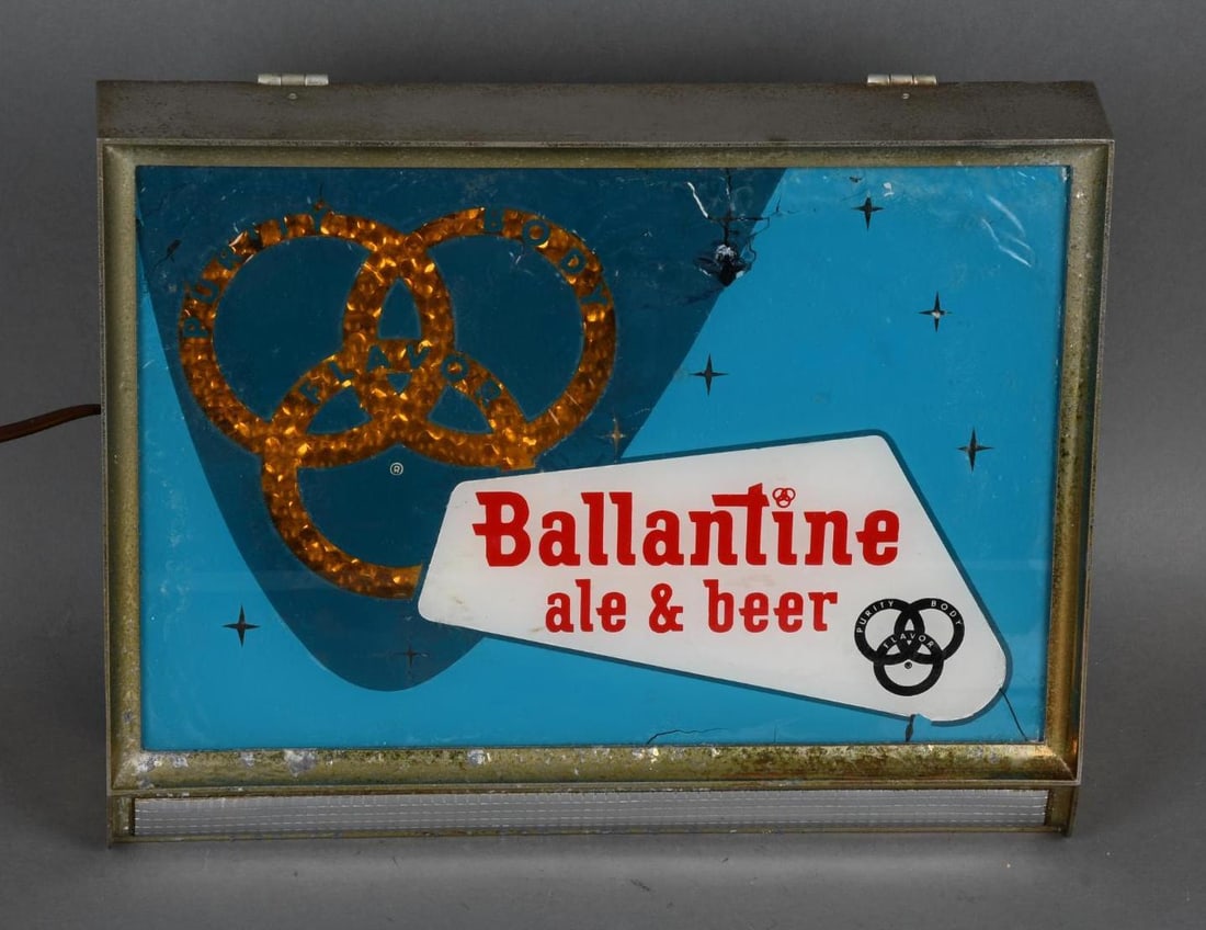 Ballentine Ale & Beer Lighted Sign: rated 6.5, 8"x11"x5", the plastic face has paint damage and crazing in the top half, lights up.