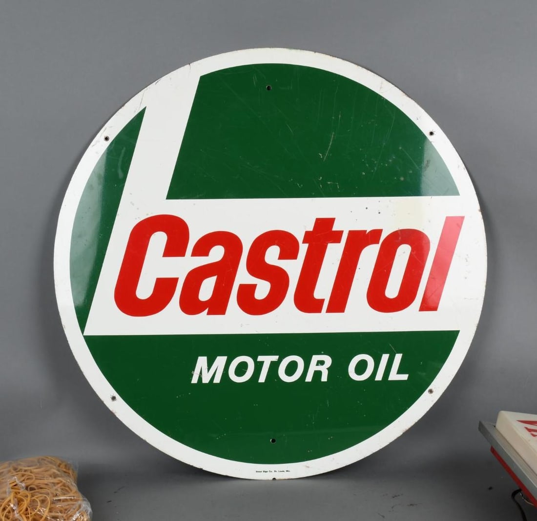 Castrol Motor Oil Metal Sign: rated 8, 30"D., the SST sign has good color and shine, has wear and fine scratches, marked Stout.